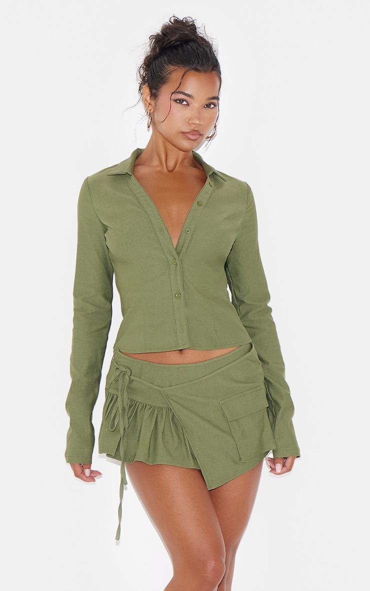 Pretty Little Thing Khaki Woven Long Sleeve Cargo Shirt