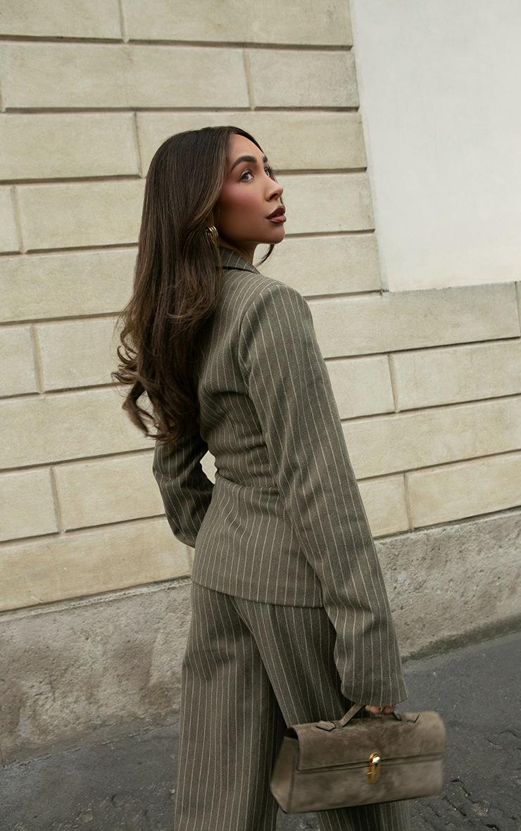 Pretty Little Thing Khaki Woven Pinstripe Cinched Waist Blazer