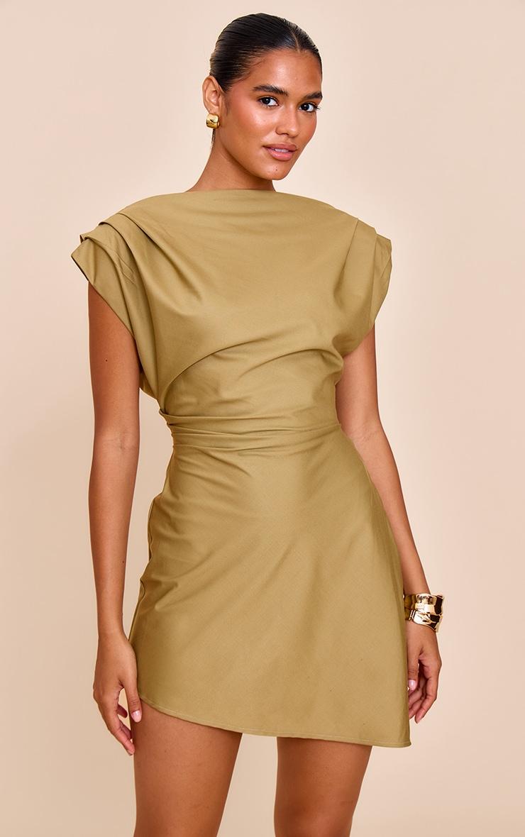 Pretty Little Thing Khaki Woven Tailored Boxy Cinched Waist Mini Dress