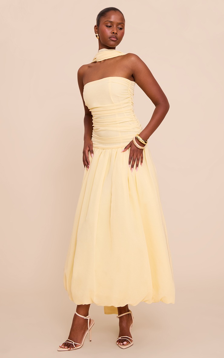 Pretty Little Thing Lemon Bandeau Scarf Detail Puffball Midaxi Dress