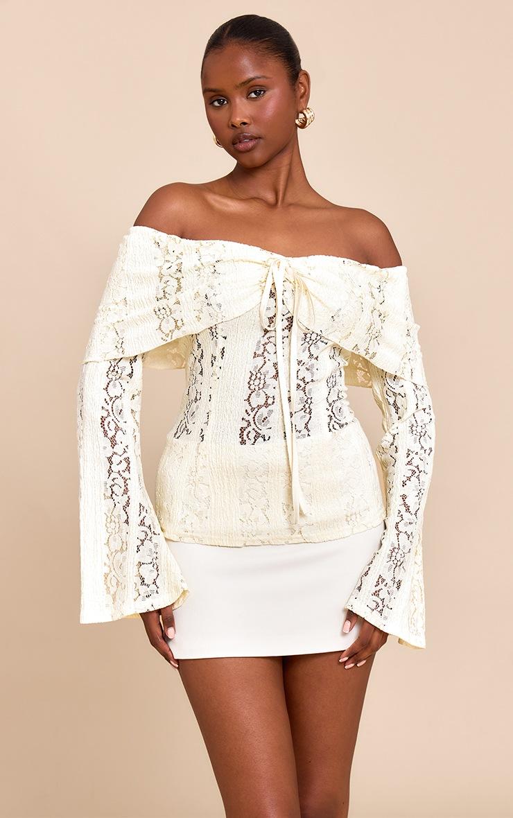 Pretty Little Thing Lemon Fitted Lace Flared Sleeve Bardot Top