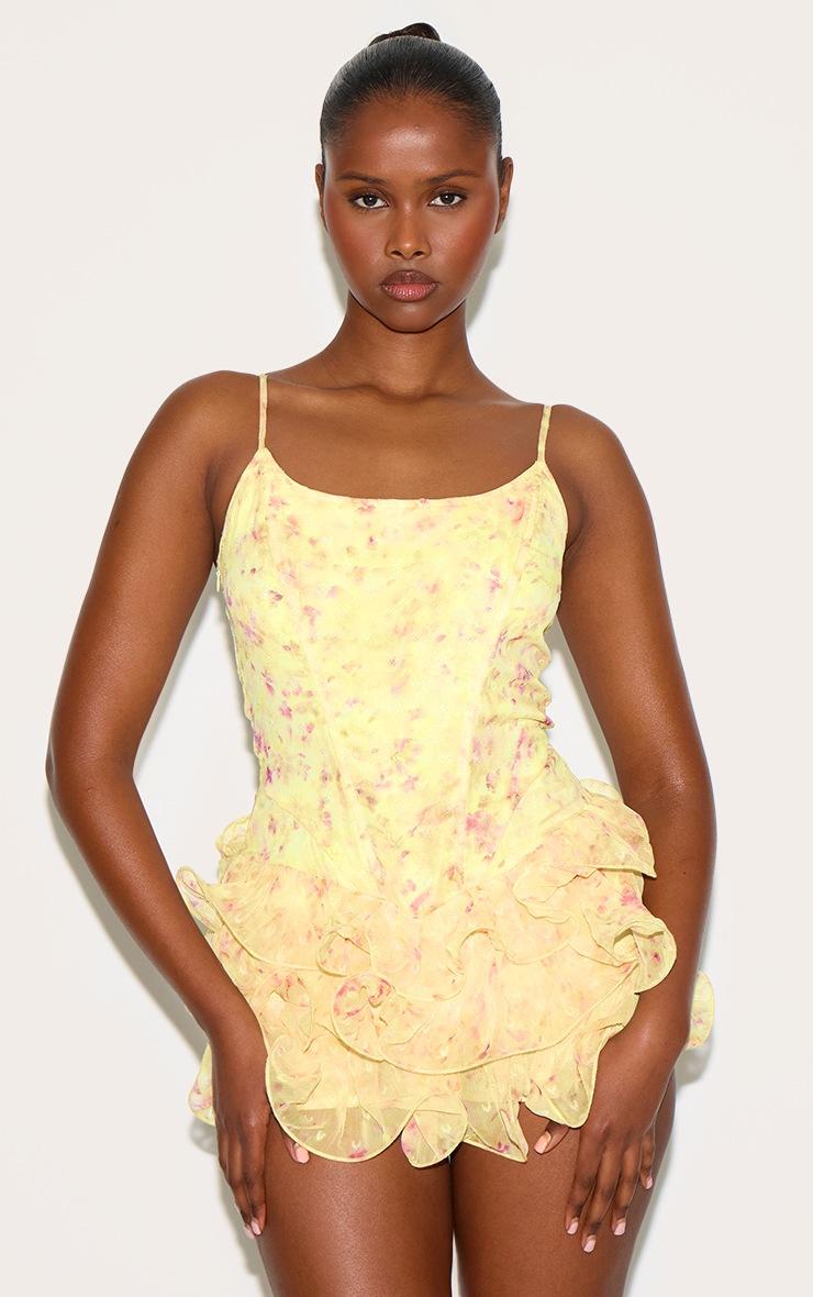 Pretty Little Thing Lemon Floral Chiffon Strappy Frill Detail Romper