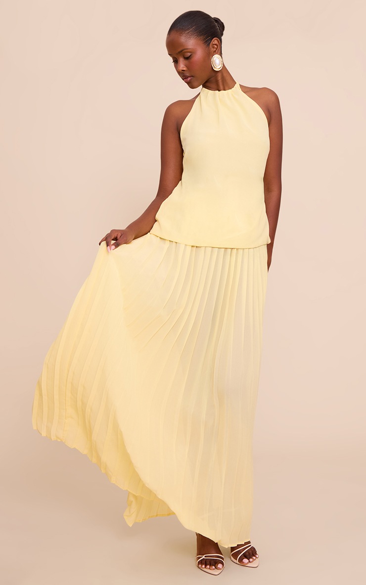 Pretty Little Thing Lemon Overlay Pleated Skirt Maxi Dress