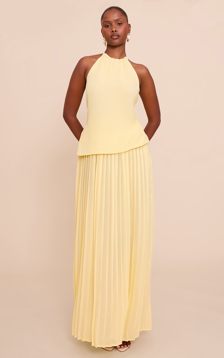 Pretty Little Thing Lemon Overlay Pleated Skirt Maxi Dress