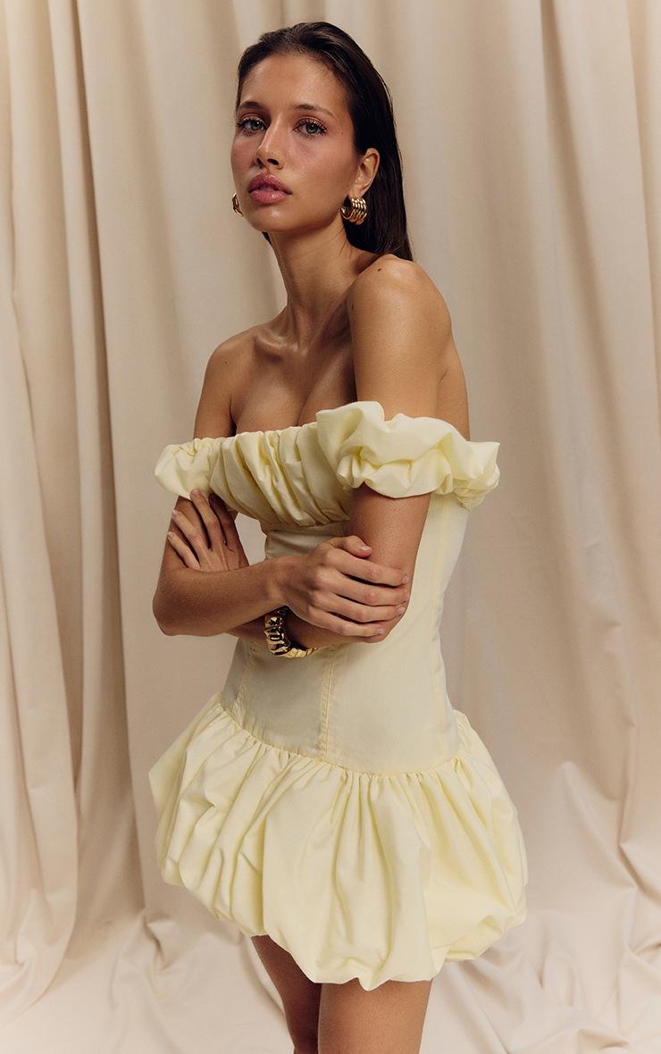 Pretty Little Thing Lemon Ruched Bardot Puff Hem Bodycon Dress