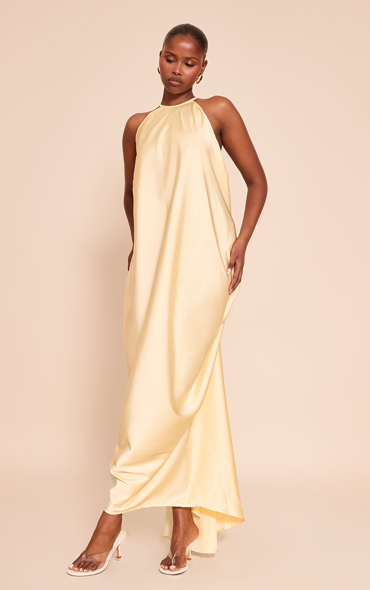 Pretty Little Thing Lemon Satin Drape Back Detail Maxi Dress