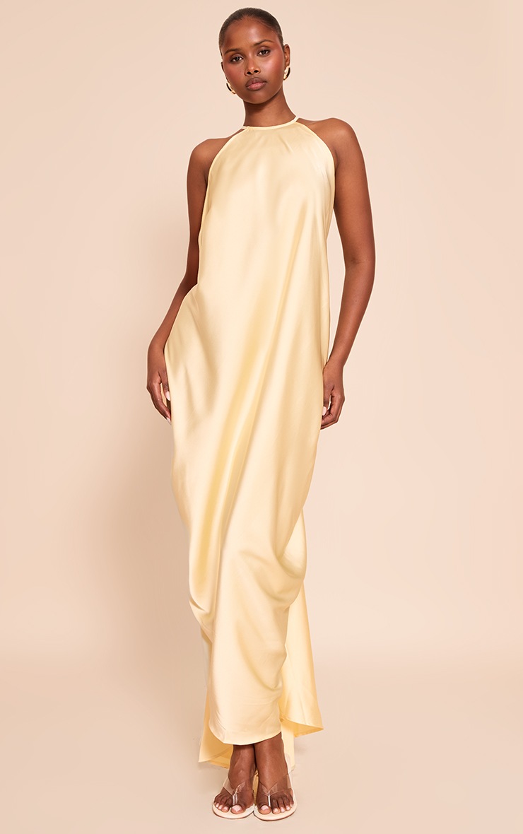 Pretty Little Thing Lemon Satin Drape Back Detail Maxi Dress
