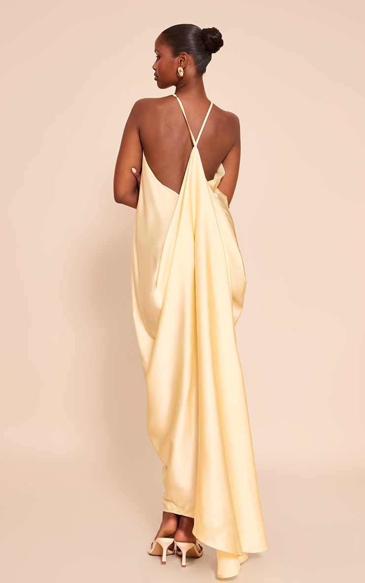 Pretty Little Thing Lemon Satin Drape Back Detail Maxi Dress