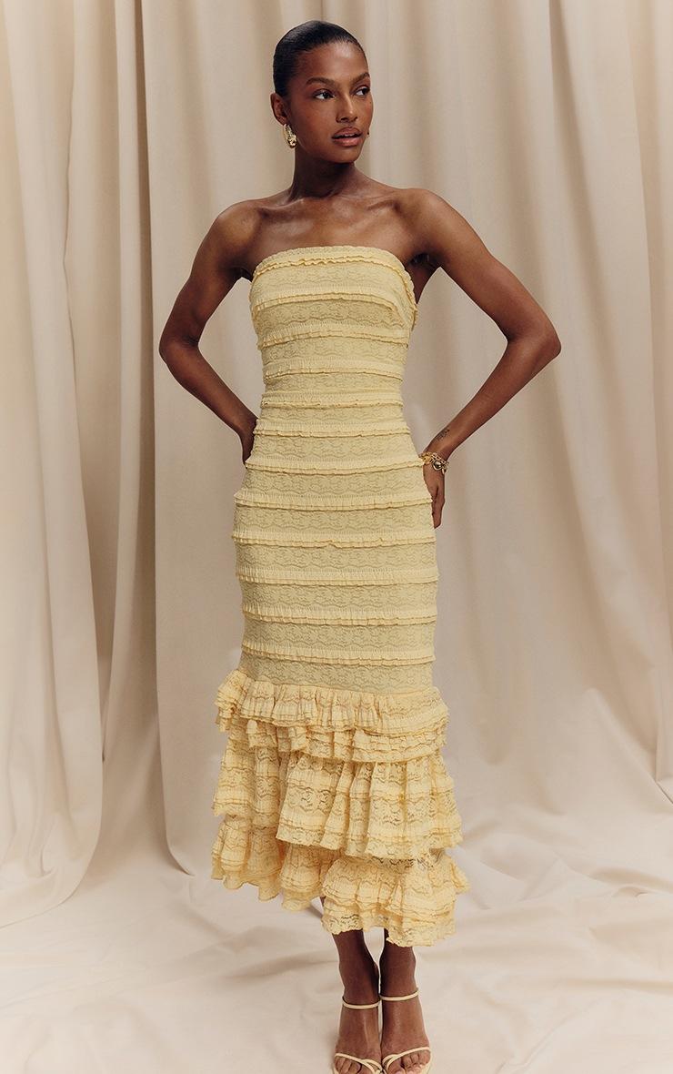 Pretty Little Thing Lemon Textured Lace Frill Tiered Midaxi Dress
