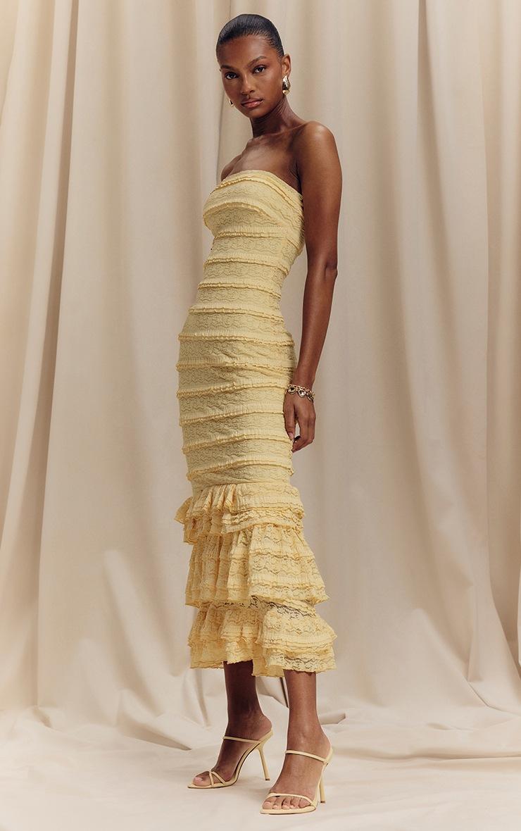 Pretty Little Thing Lemon Textured Lace Frill Tiered Midaxi Dress