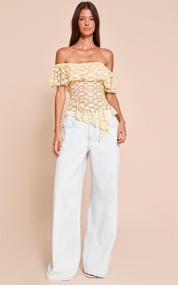 Pretty Little Thing Lemon Textured Lace Ruffle Drape Detail Long Top