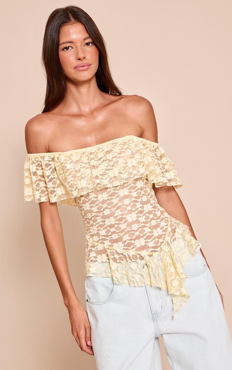 Pretty Little Thing Lemon Textured Lace Ruffle Drape Detail Long Top