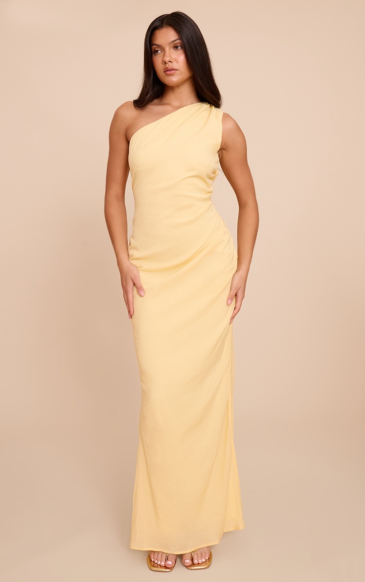 Pretty Little Thing Lemon Textured One Shoulder Ruched Maxi Dress