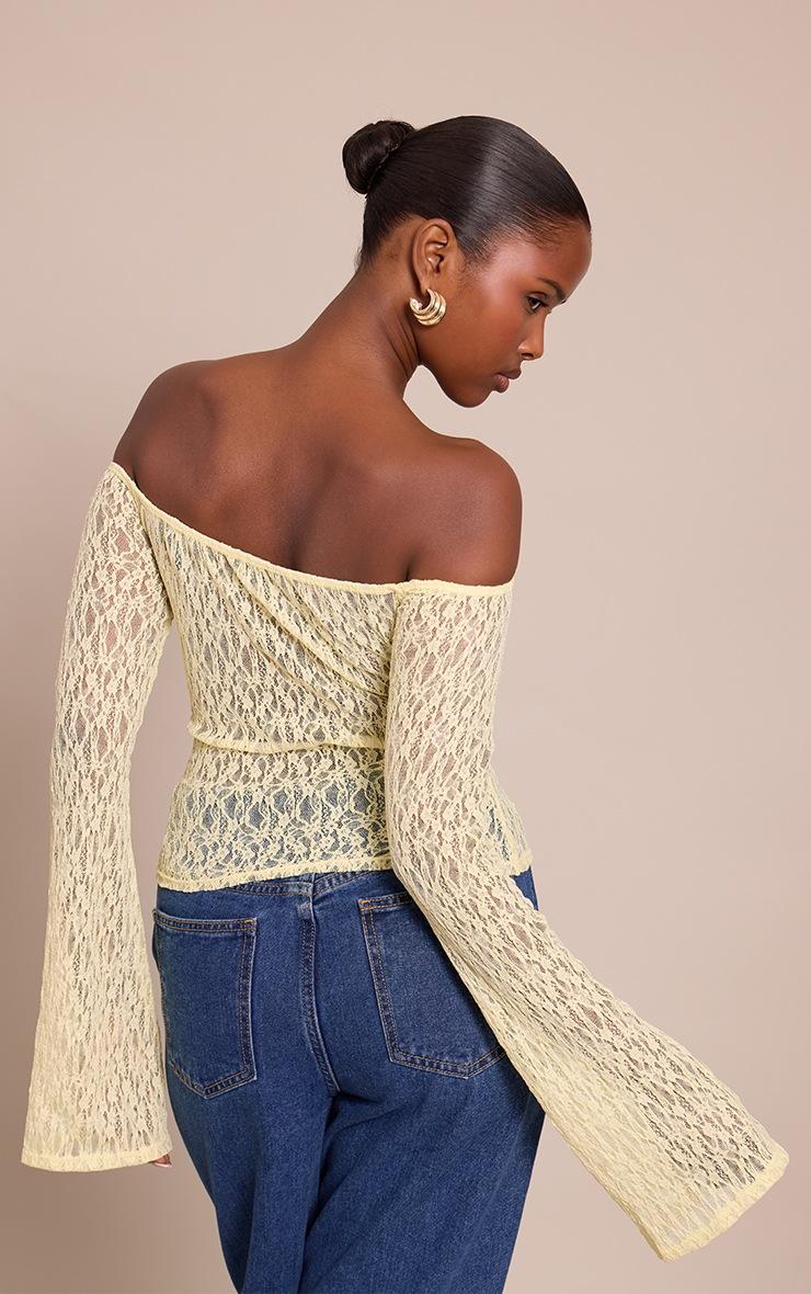 Pretty Little Thing Lemon Textured Sheer Lace Bardot Flared Long Sleeve Top