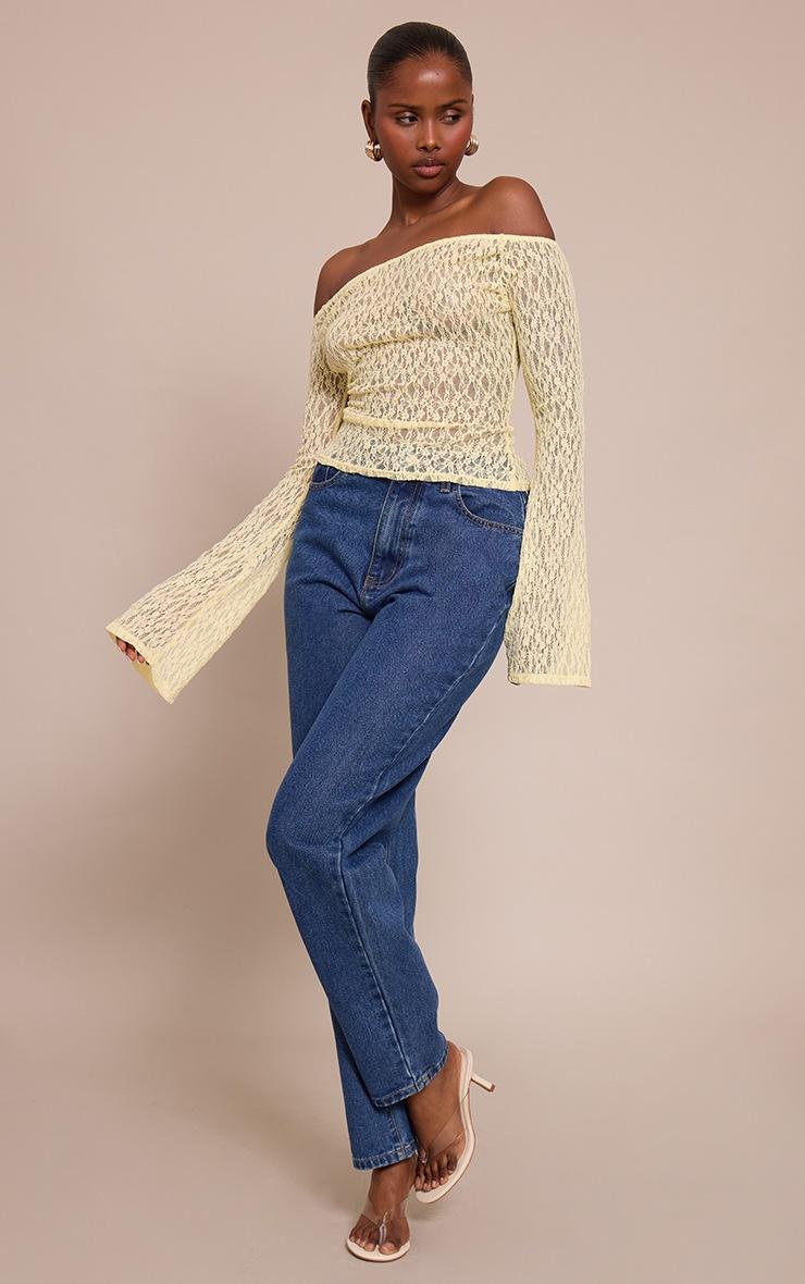 Pretty Little Thing Lemon Textured Sheer Lace Bardot Flared Long Sleeve Top