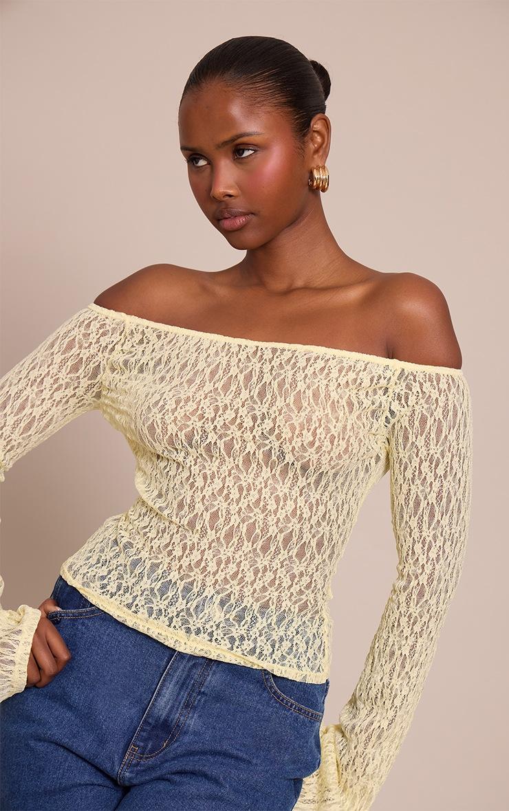 Pretty Little Thing Lemon Textured Sheer Lace Bardot Flared Long Sleeve Top