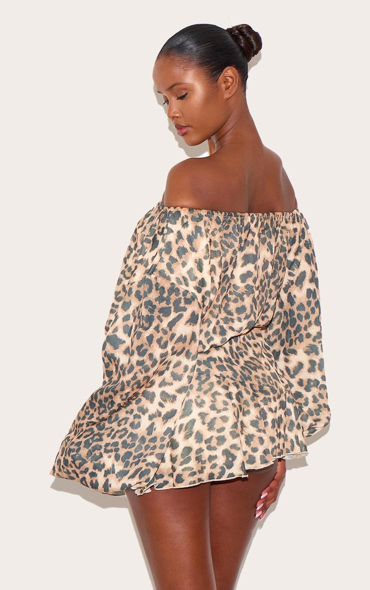 Pretty Little Thing Leopard Chiffon Bardot Floaty Detail Skort Romper