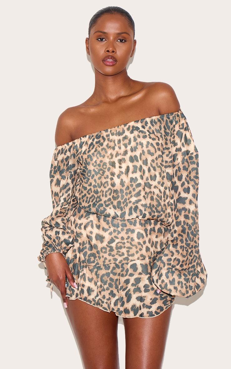Pretty Little Thing Leopard Chiffon Bardot Floaty Detail Skort Romper