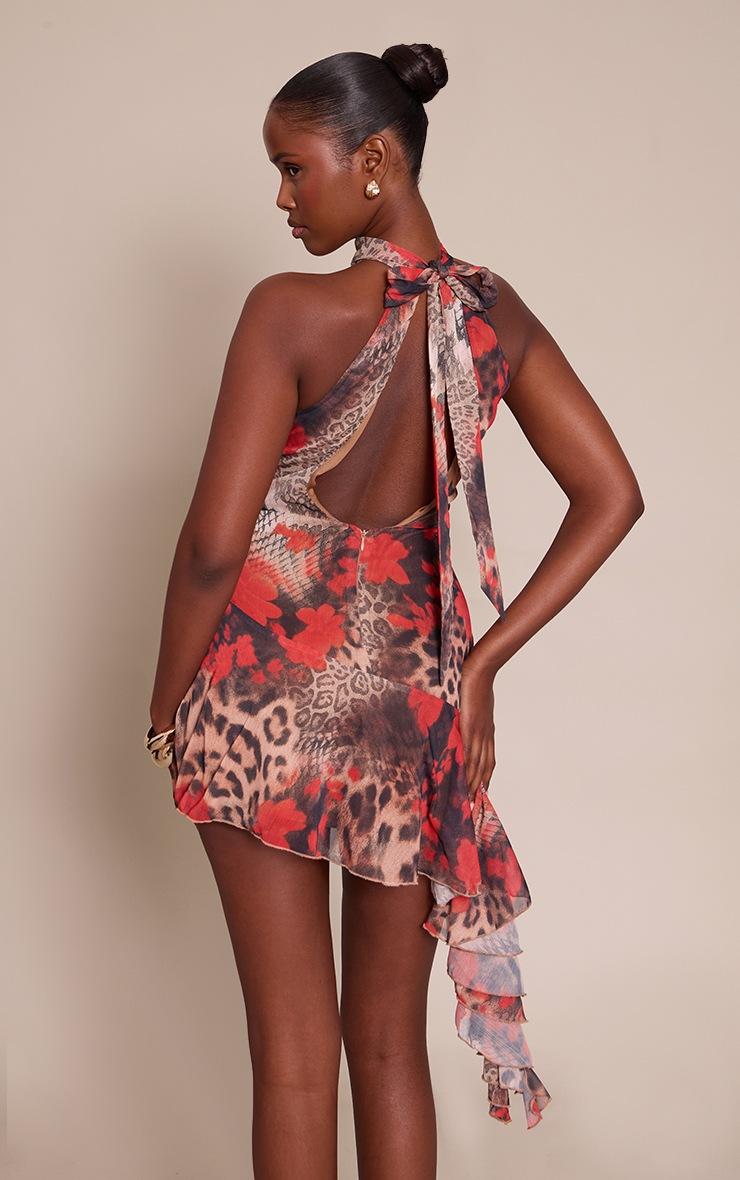 Pretty Little Thing Leopard Chiffon Halter Frill Detail Shift Dress