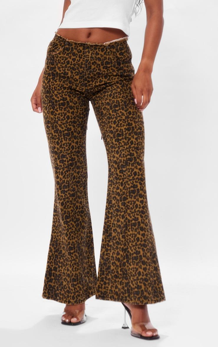 Pretty Little Thing Leopard Dipped Lace Up Back Flared Denim Jean