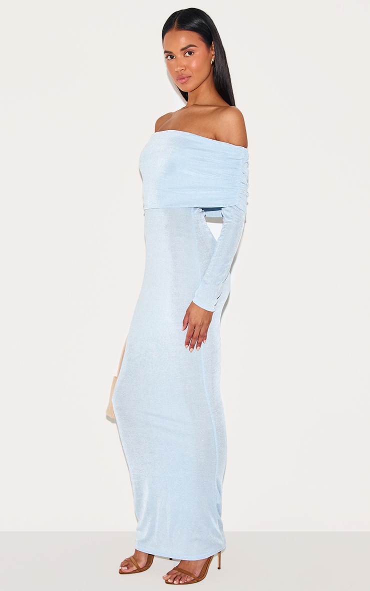 Pretty Little Thing Light Blue Acetate Slinky Bardot Long Sleeve Maxi Dress