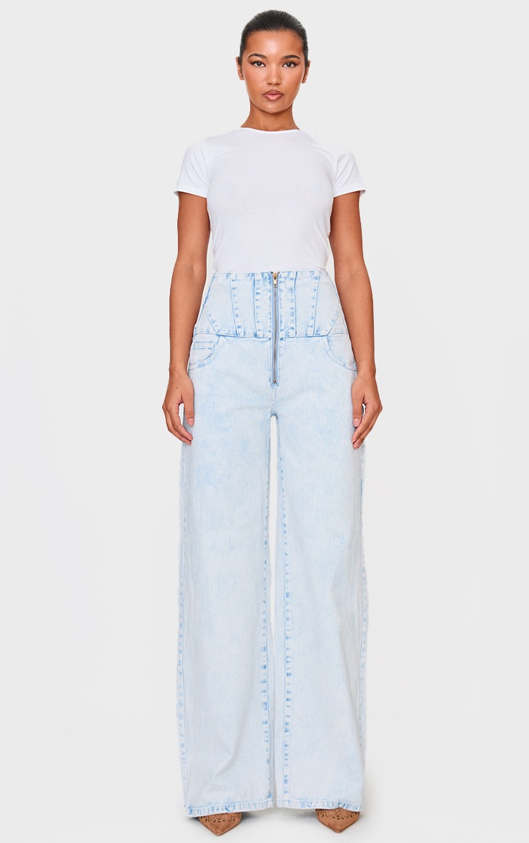 Pretty Little Thing Light Blue Acid Wash Seam Detail Corset Waist Jeans