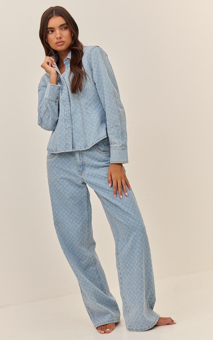 Pretty Little Thing Light Blue Boucle Denim Balloon Sleeve Cinched Denim Shirt