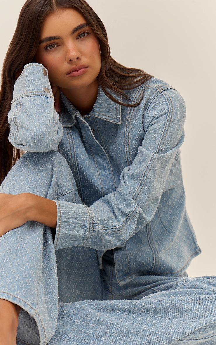 Pretty Little Thing Light Blue Boucle Denim Balloon Sleeve Cinched Denim Shirt