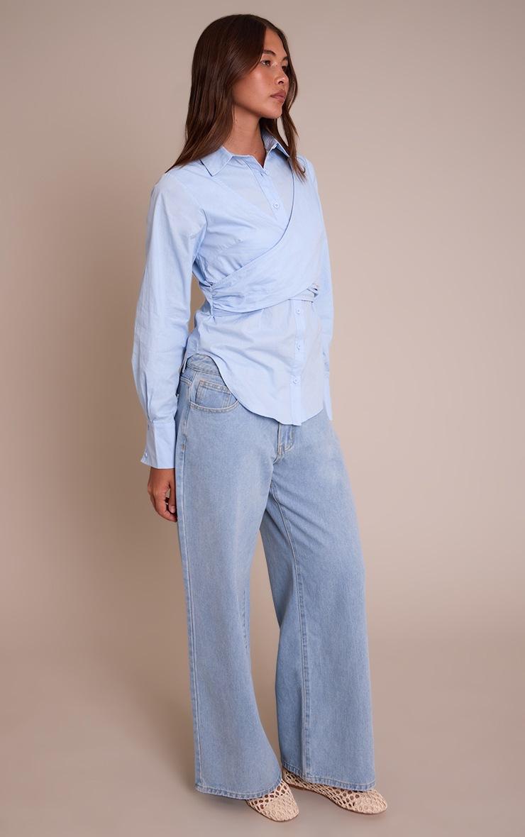 Pretty Little Thing Light Blue Cotton Wrap Detail Longline Shirt