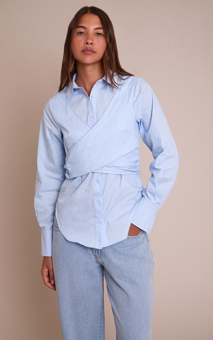 Pretty Little Thing Light Blue Cotton Wrap Detail Longline Shirt