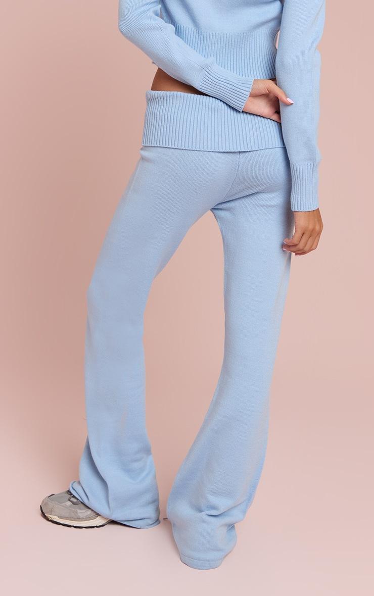 Pretty Little Thing Light Blue Fold Over Waist Band Flared Knitted Pants