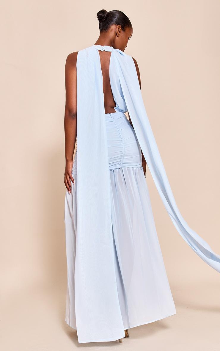 Pretty Little Thing Light Blue High Neck Scarf Detail Ruched Maxi Dress