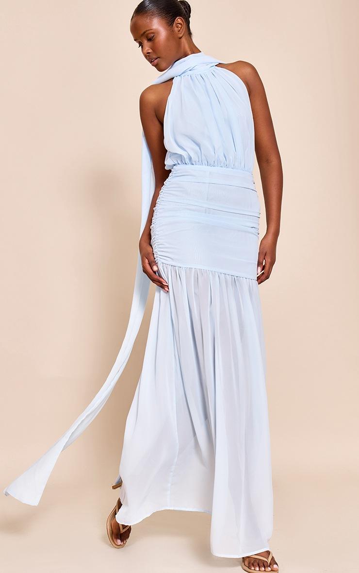 Pretty Little Thing Light Blue High Neck Scarf Detail Ruched Maxi Dress
