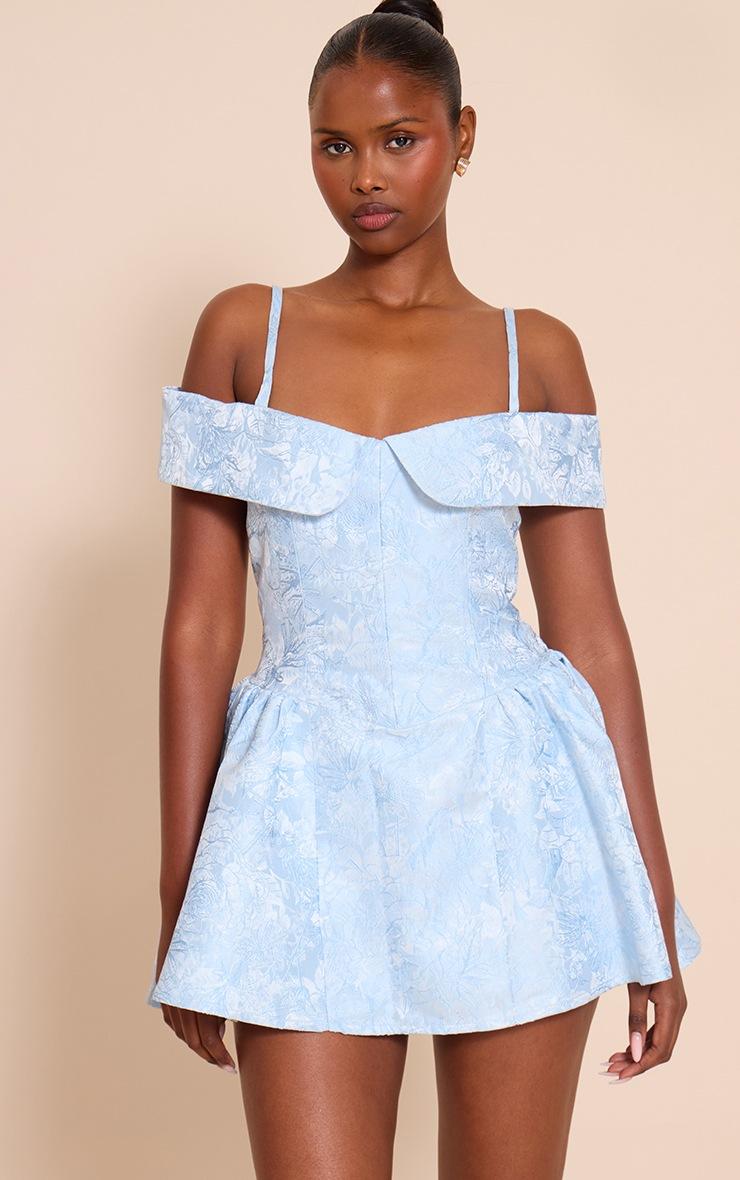 Pretty Little Thing Light Blue Jacquard Bardot Shift Dress