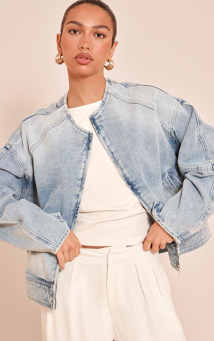 Pretty Little Thing Light Blue Round Neck Balloon Sleeve Denim Jacket