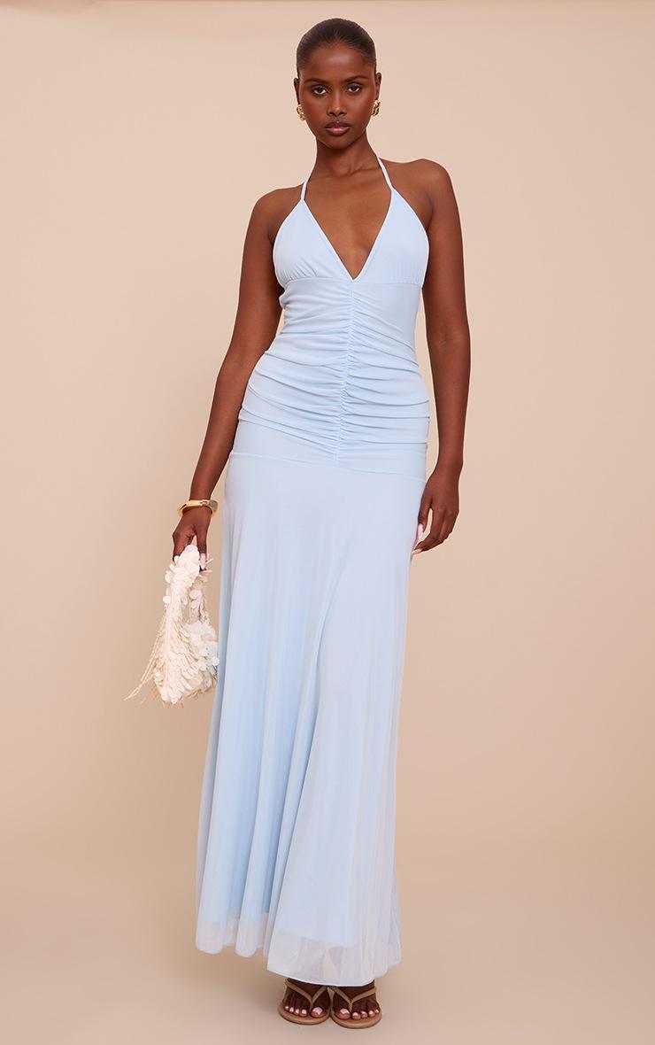 Pretty Little Thing Light Blue Ruched Detail Strappy Maxi Dress