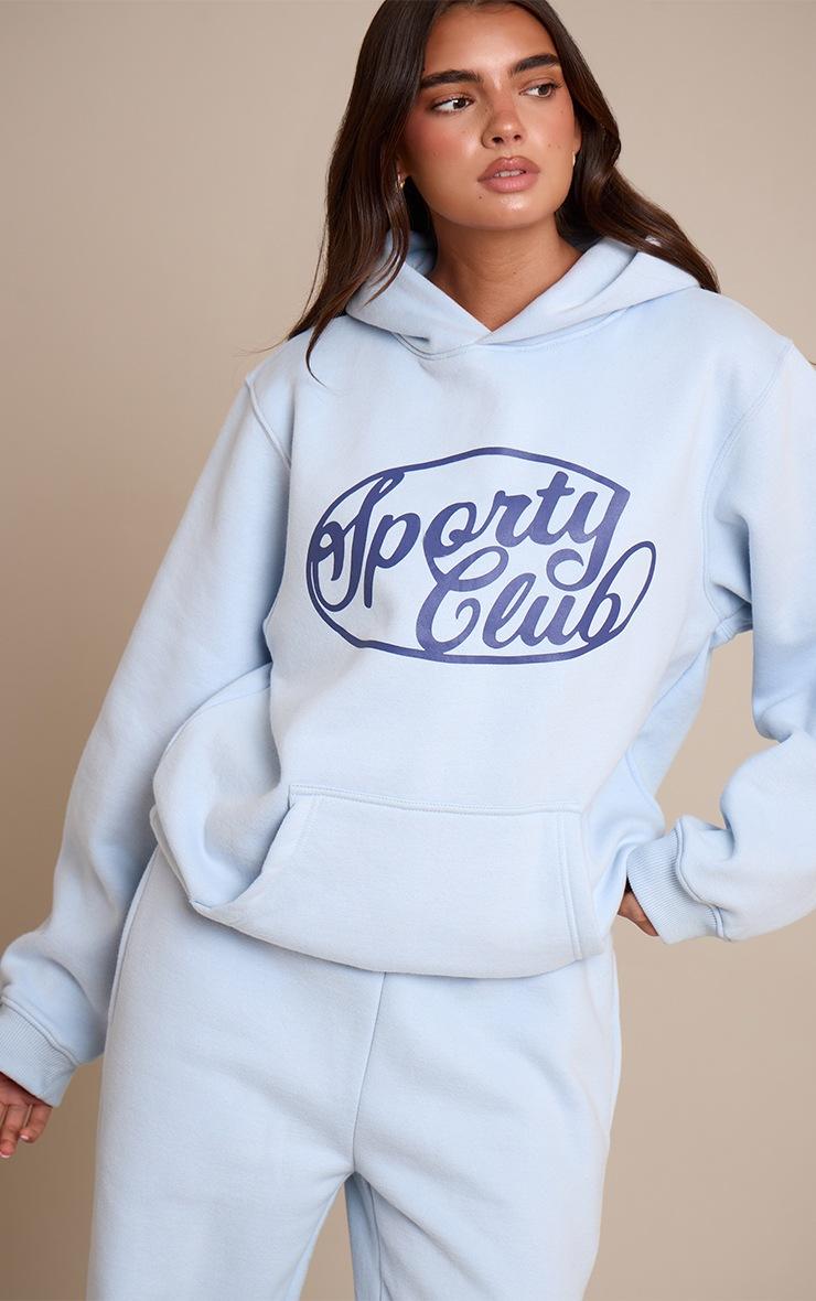 Pretty Little Thing Light Blue Sports Club Cotton Fleece Oversized Pull Over Hoodie