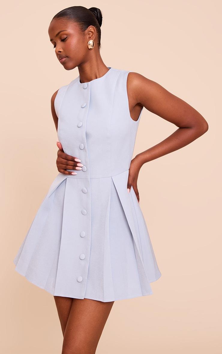 Pretty Little Thing Light Blue Tailored Woven Button Down Pleated Shift Dress