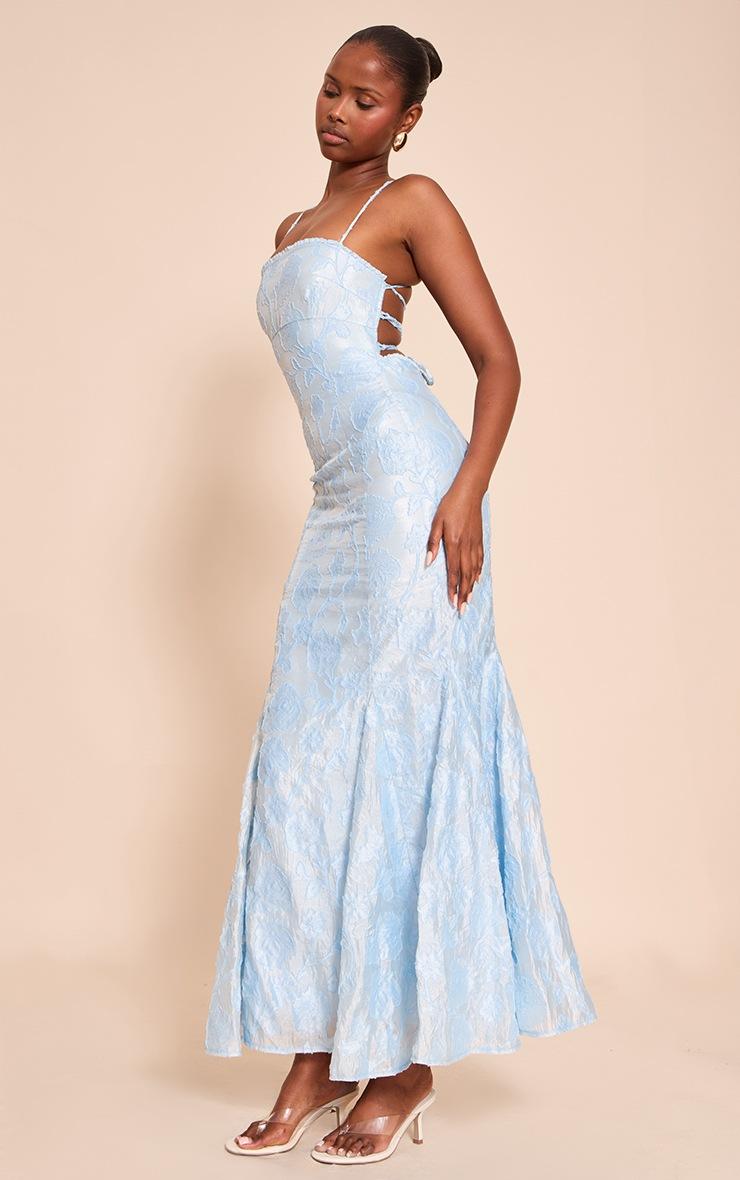 Pretty Little Thing Light Blue Textured Lace Up Back Maxi Dress