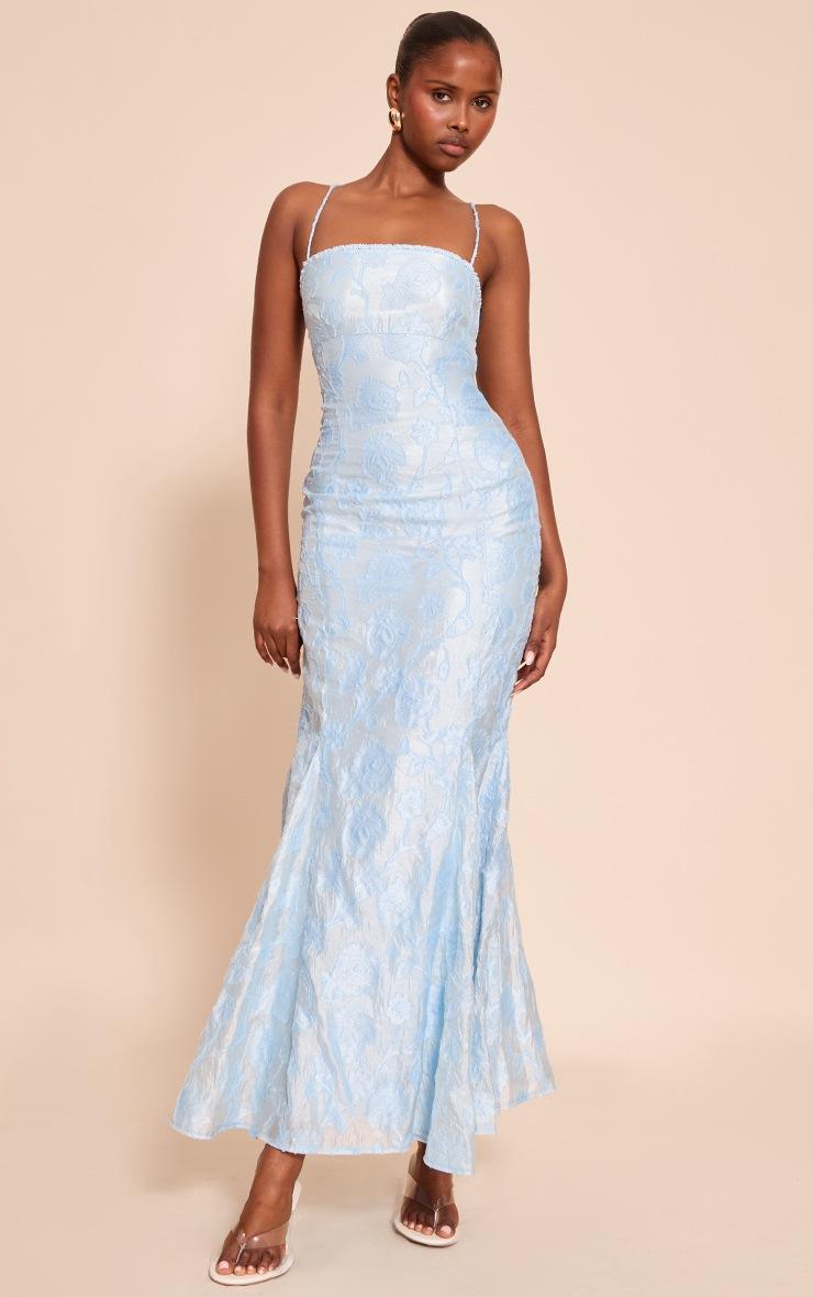 Pretty Little Thing Light Blue Textured Lace Up Back Maxi Dress