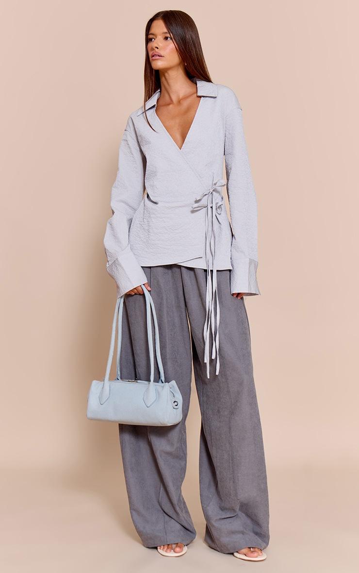 Pretty Little Thing Light Blue Textured Wrap Tie Shirt