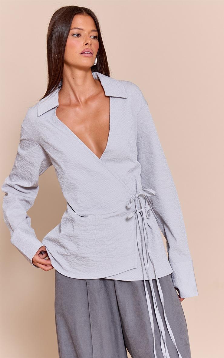 Pretty Little Thing Light Blue Textured Wrap Tie Shirt