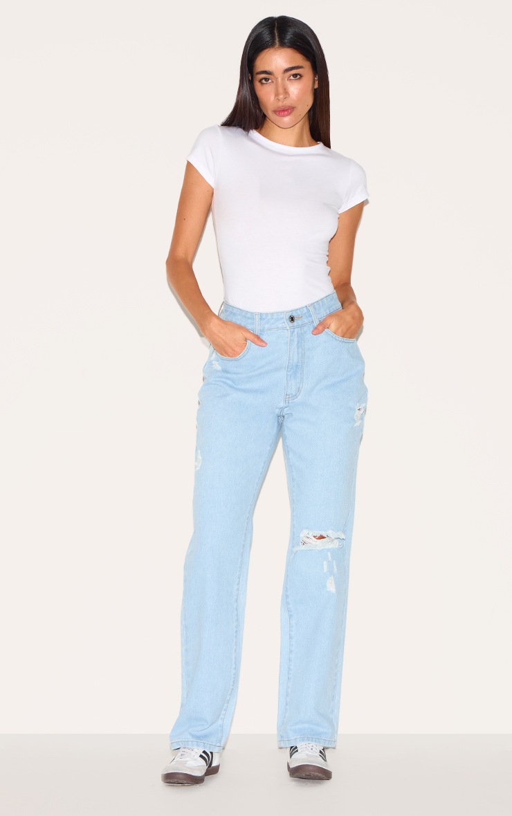 Pretty Little Thing Light Blue Wash Distressed High Rise Straight Leg Jeans