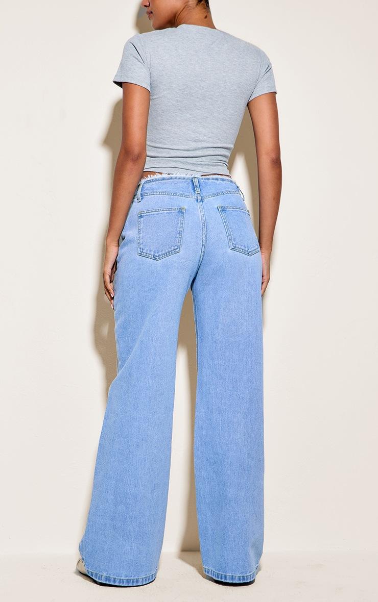 Pretty Little Thing Light Blue Wash Fray Waistband Low Waist Straight Leg Jean