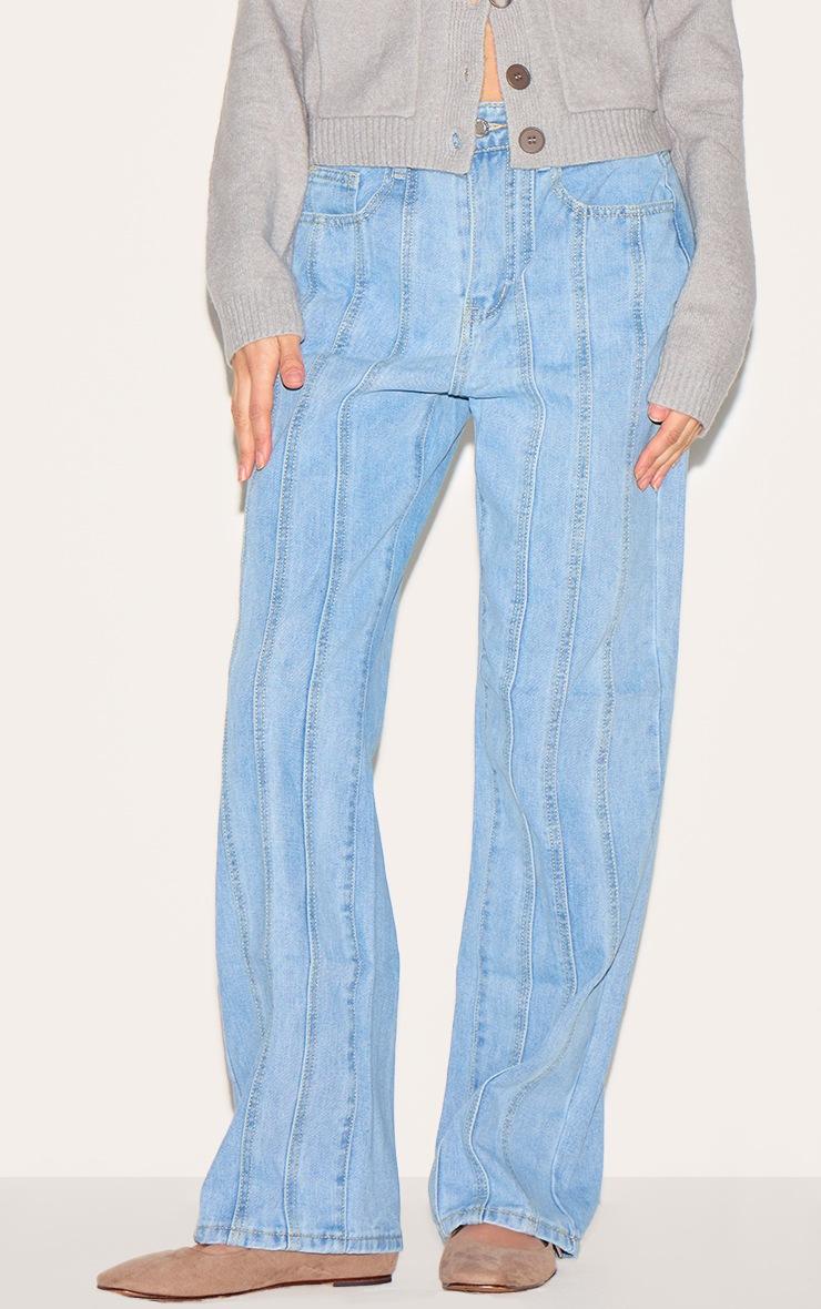 Pretty Little Thing Light Blue Wash Panelled Seam Detail Straight Leg Jeans