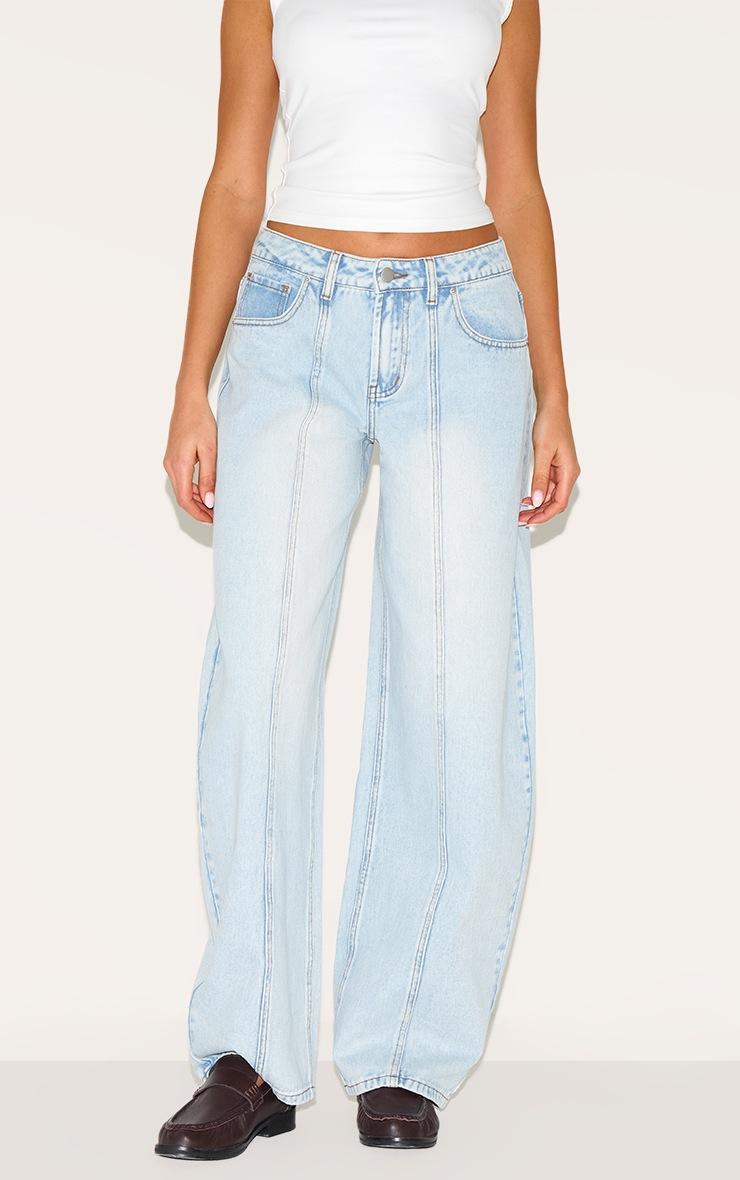 Pretty Little Thing Light Blue Wash Seam Detail Barrel Jean