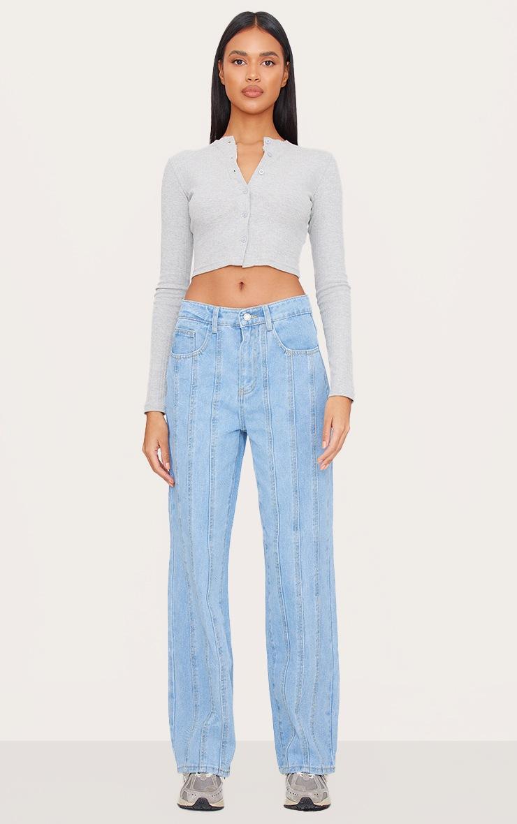 Pretty Little Thing Light Blue Wash Seam Detail Straight Leg Jean
