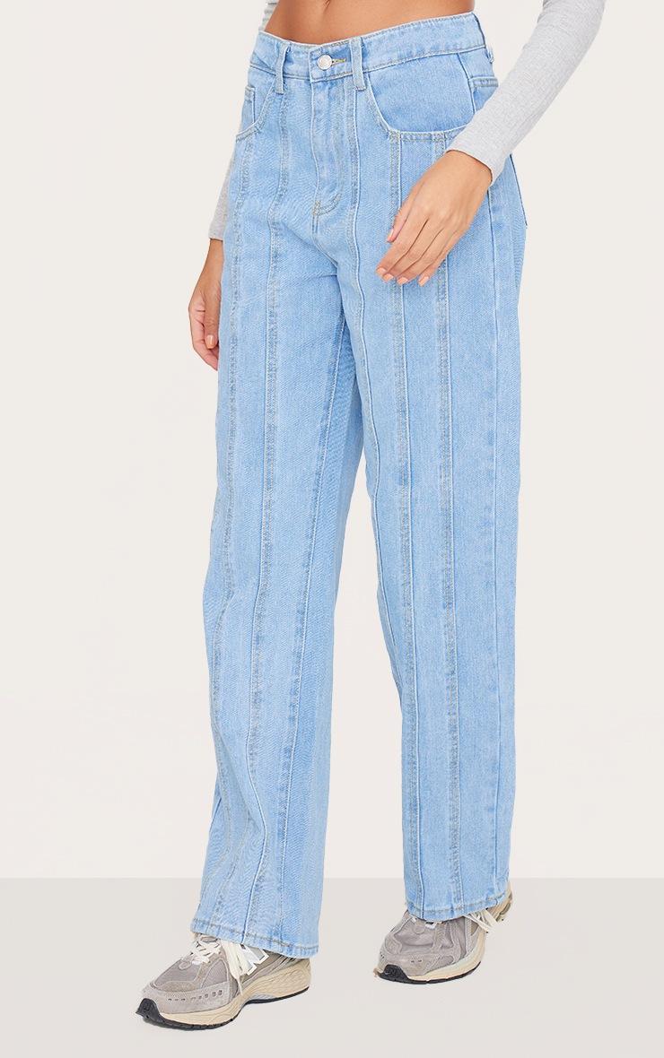 Pretty Little Thing Light Blue Wash Seam Detail Straight Leg Jean