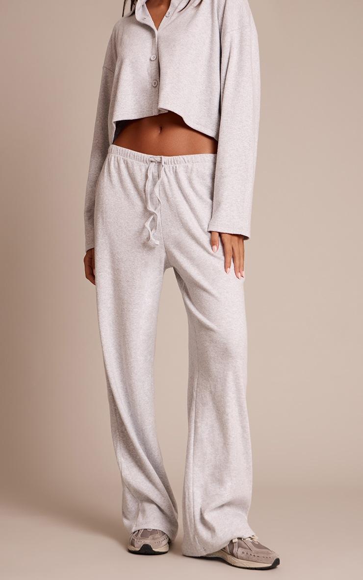 Pretty Little Thing Light Grey Brushed Rib Wide Leg Drawstring Pants