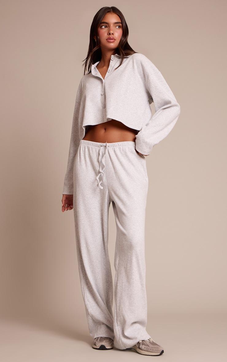 Pretty Little Thing Light Grey Brushed Rib Wide Leg Drawstring Pants